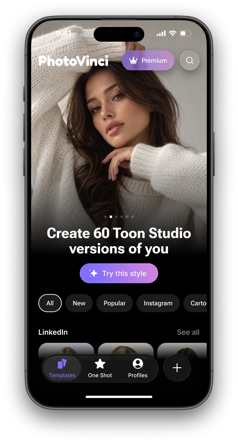 PhotoVinci's home screen with a gallery of templates